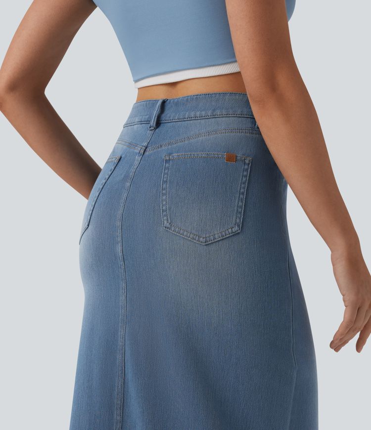 Halara Flex™ High Waisted Split Midi Denim Casual Straight Skirt with Pockets