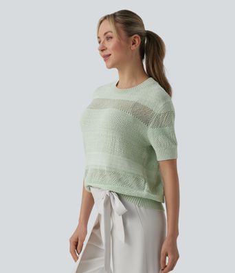 Round Neck Short Sleeve Crochet Work Jumper