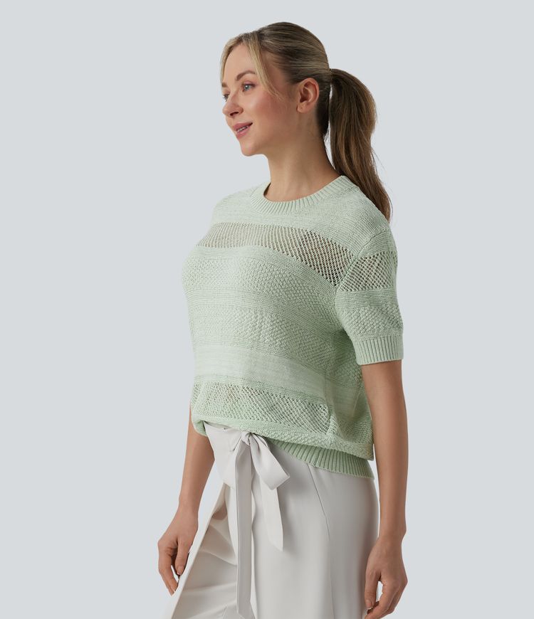 Round Neck Short Sleeve Crochet Work Jumper
