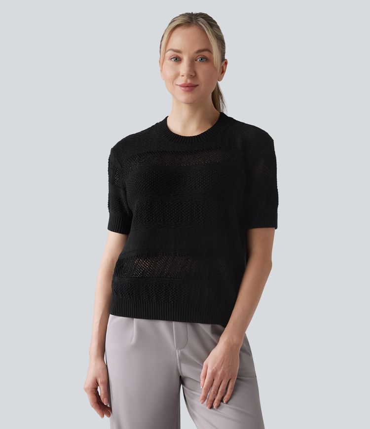 Round Neck Short Sleeve Crochet Work Sweater