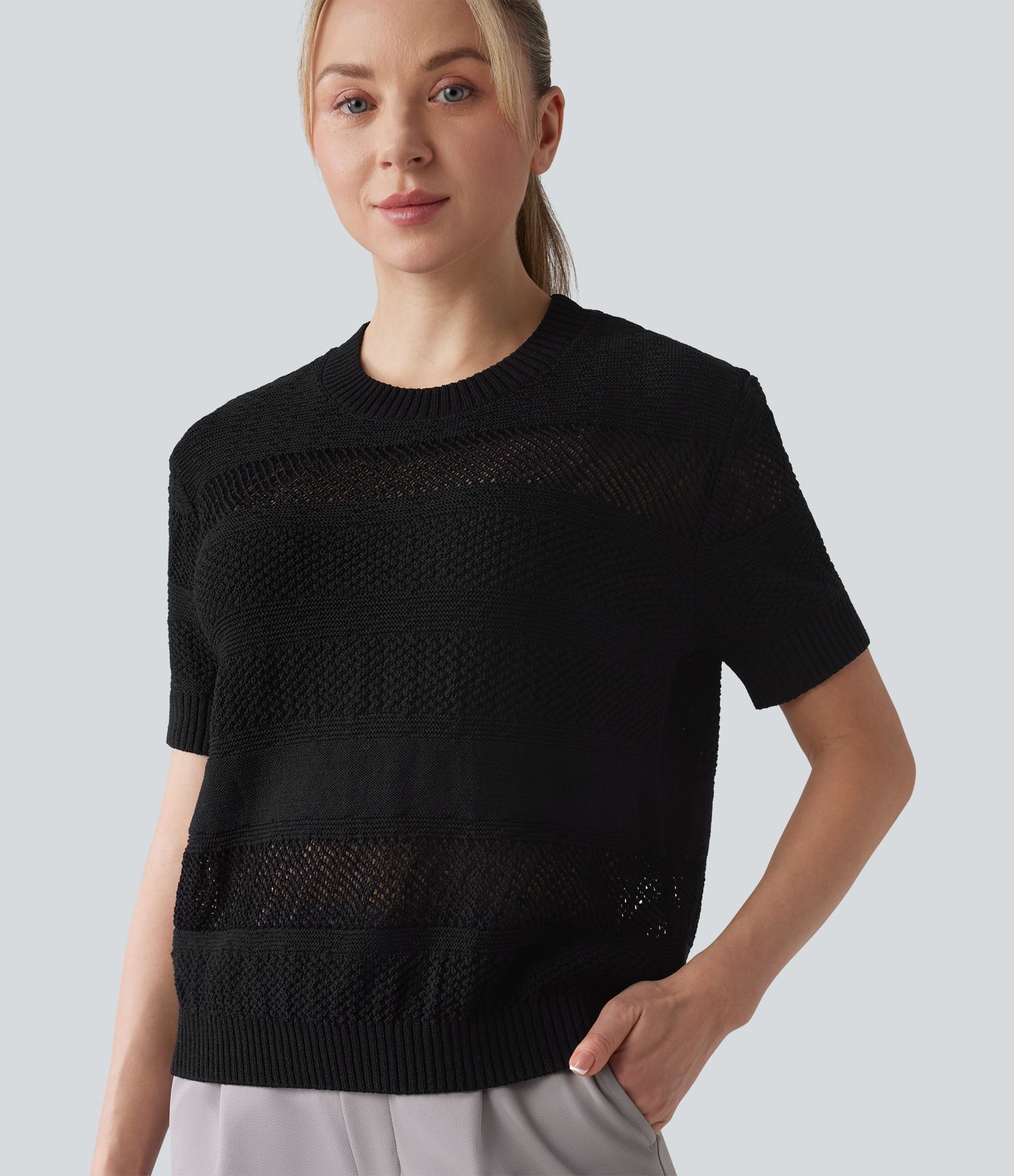 Round Neck Short Sleeve Crochet Work Sweater