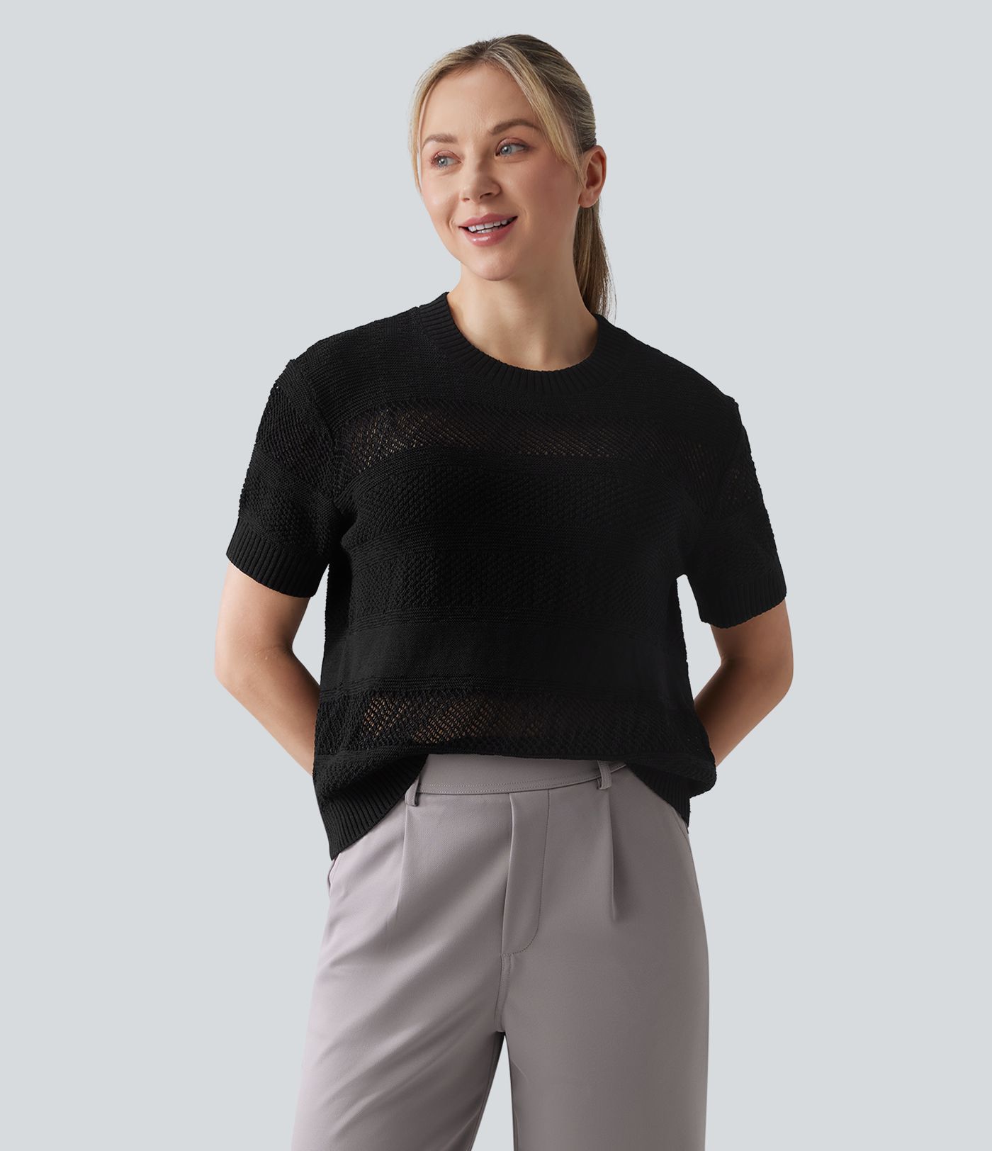 Round Neck Short Sleeve Crochet Work Sweater