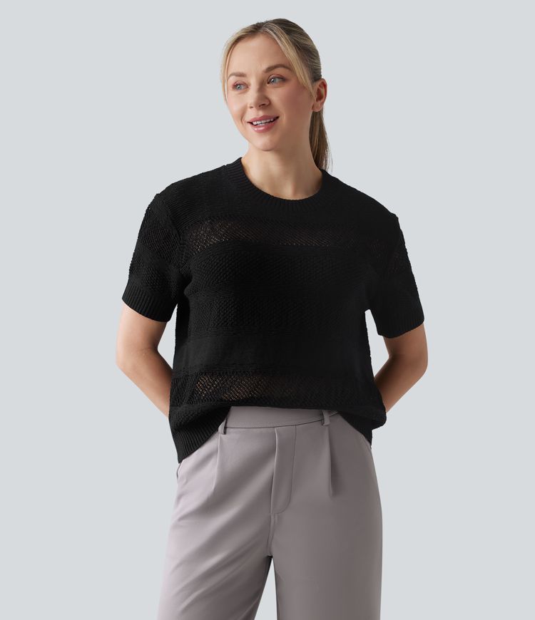 Round Neck Short Sleeve Crochet Work Sweater
