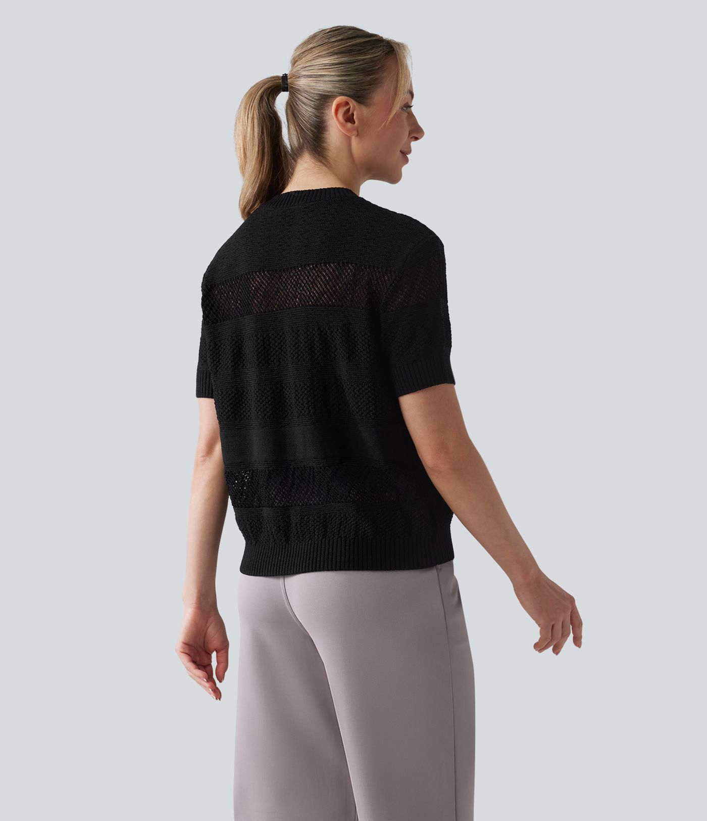 Round Neck Short Sleeve Crochet Work Sweater