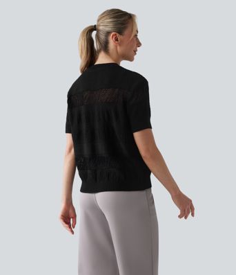 Round Neck Short Sleeve Crochet Work Sweater
