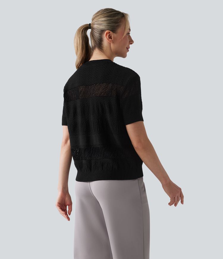 Round Neck Short Sleeve Crochet Work Sweater