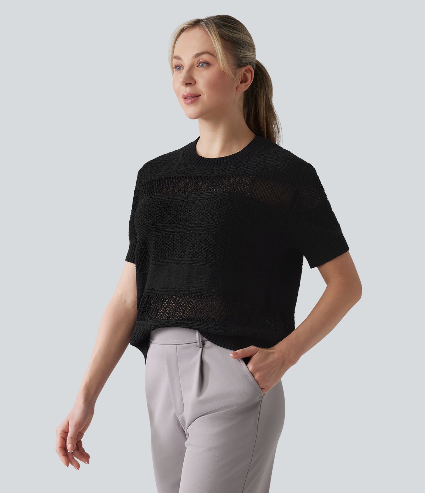 Round Neck Short Sleeve Crochet Work Sweater