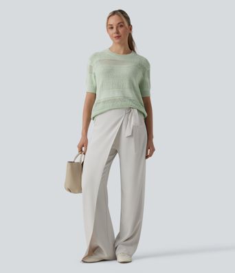 Round Neck Short Sleeve Crochet Work Jumper