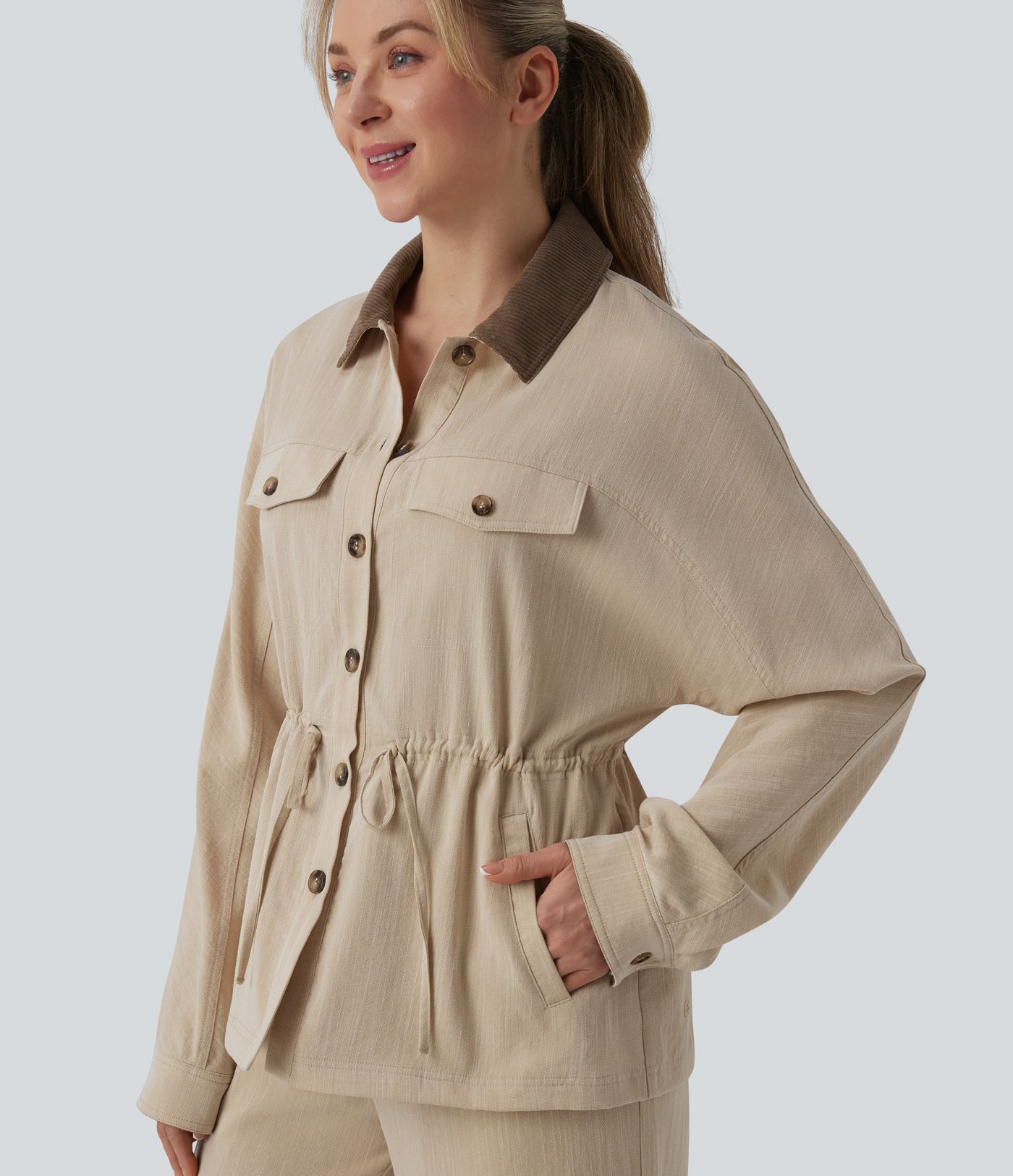 Long Sleeve Drawstring Casual Linen-Feel Jacket with Pockets