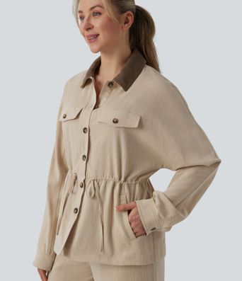 Long Sleeve Drawstring Casual Linen-Feel Jacket with Pockets
