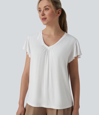 V Neck Ruffle Short Sleeve Casual Top