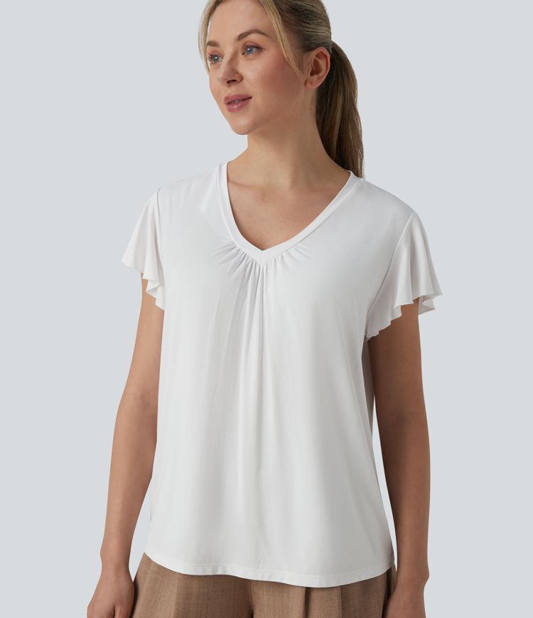 V Neck Ruffle Short Sleeve Casual Top