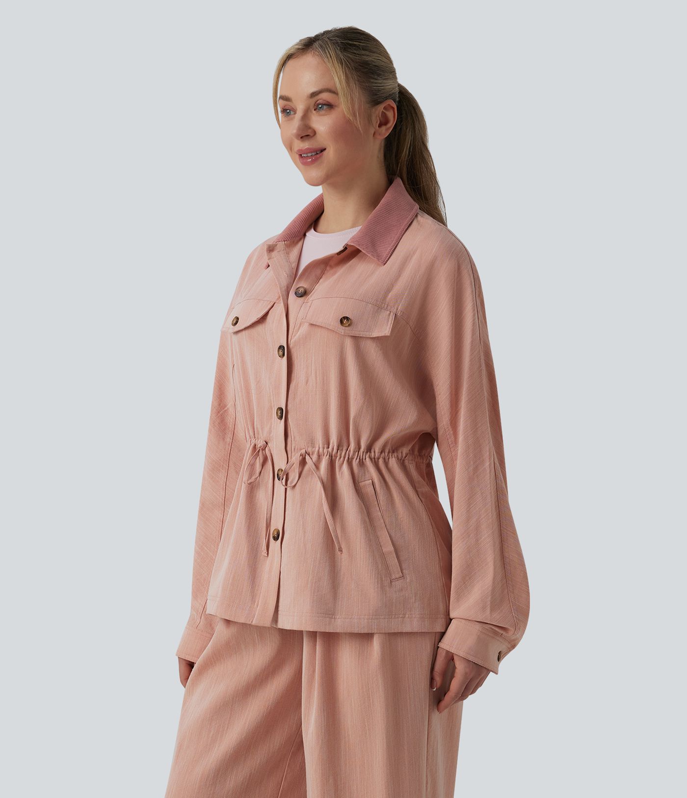 Veste casual manches longues aspect lin à cordon de serrage avec poches