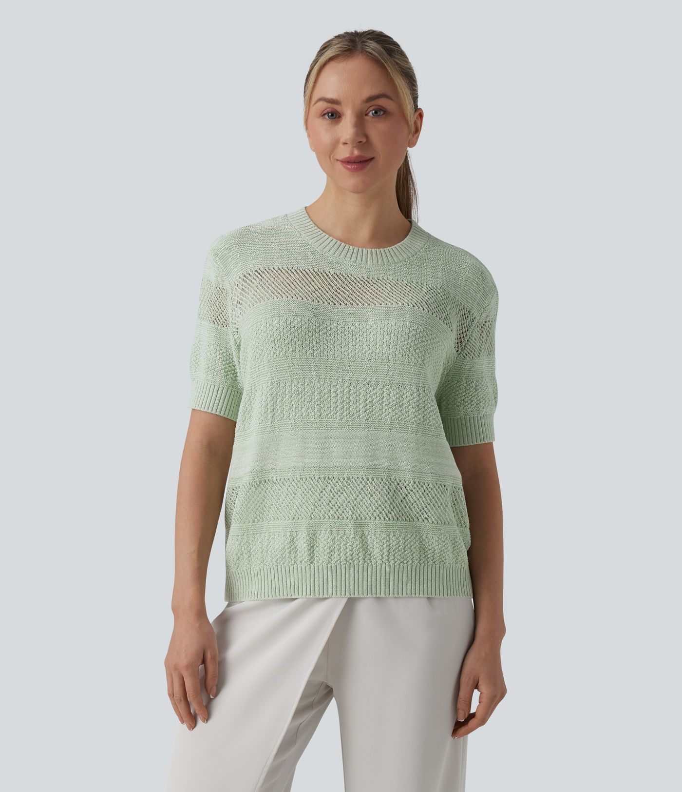 Round Neck Short Sleeve Crochet Work Jumper