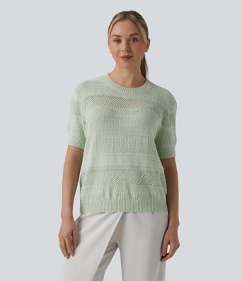 Round Neck Short Sleeve Crochet Work Jumper