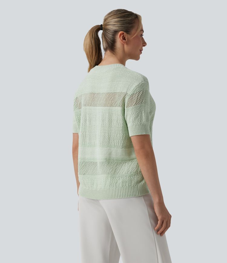 Round Neck Short Sleeve Crochet Work Jumper
