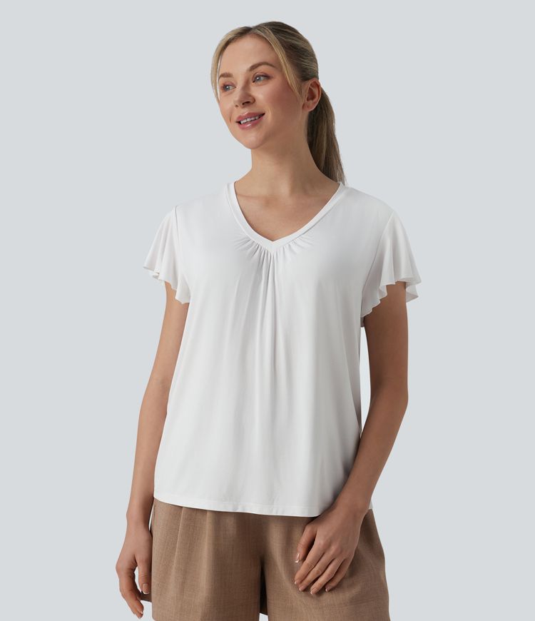 V Neck Ruffle Short Sleeve Casual Top