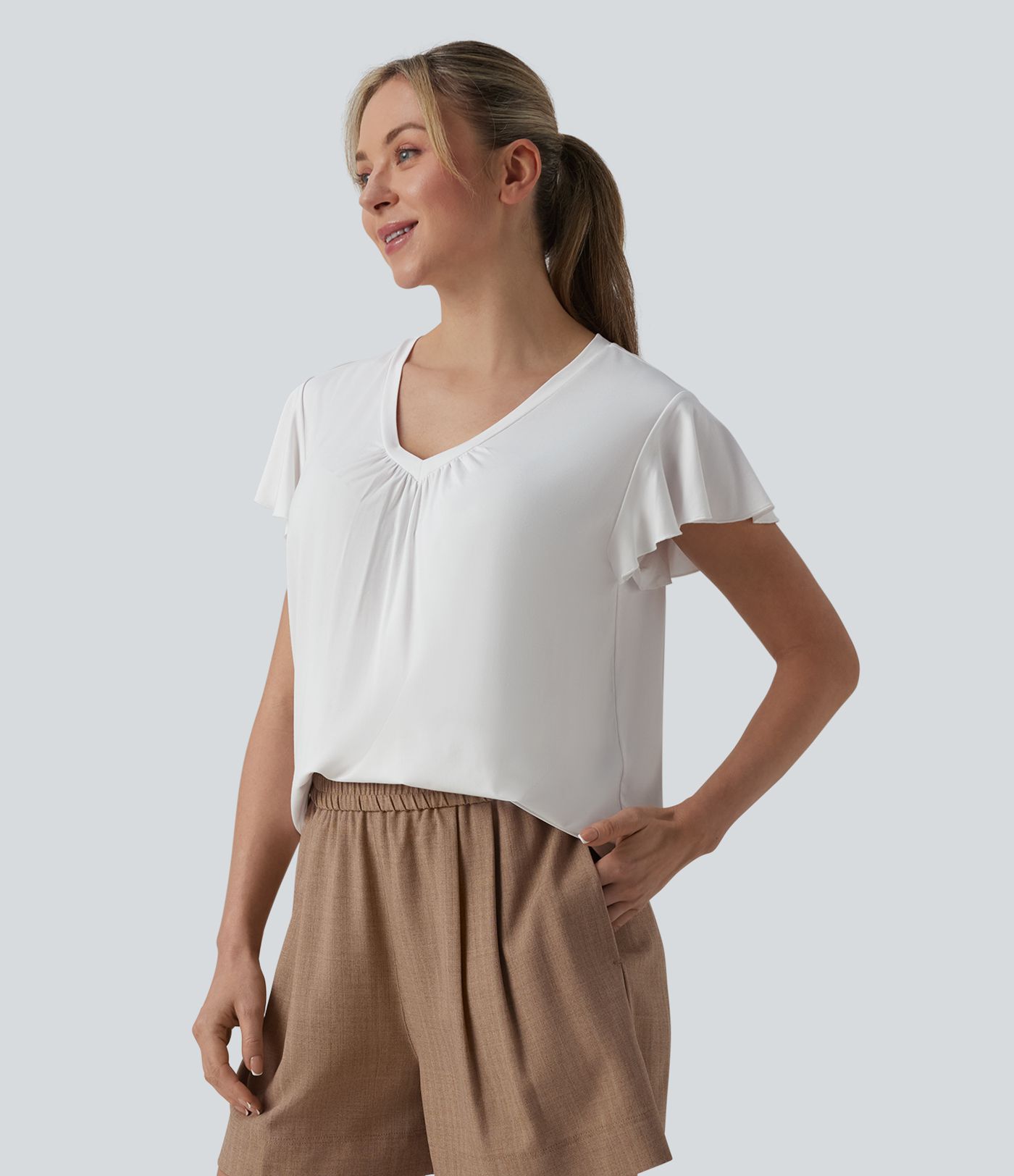 V Neck Ruffle Short Sleeve Casual Top