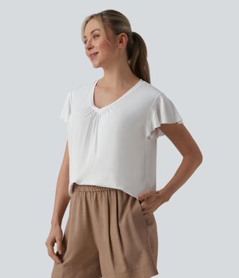 V Neck Ruffle Short Sleeve Casual Top