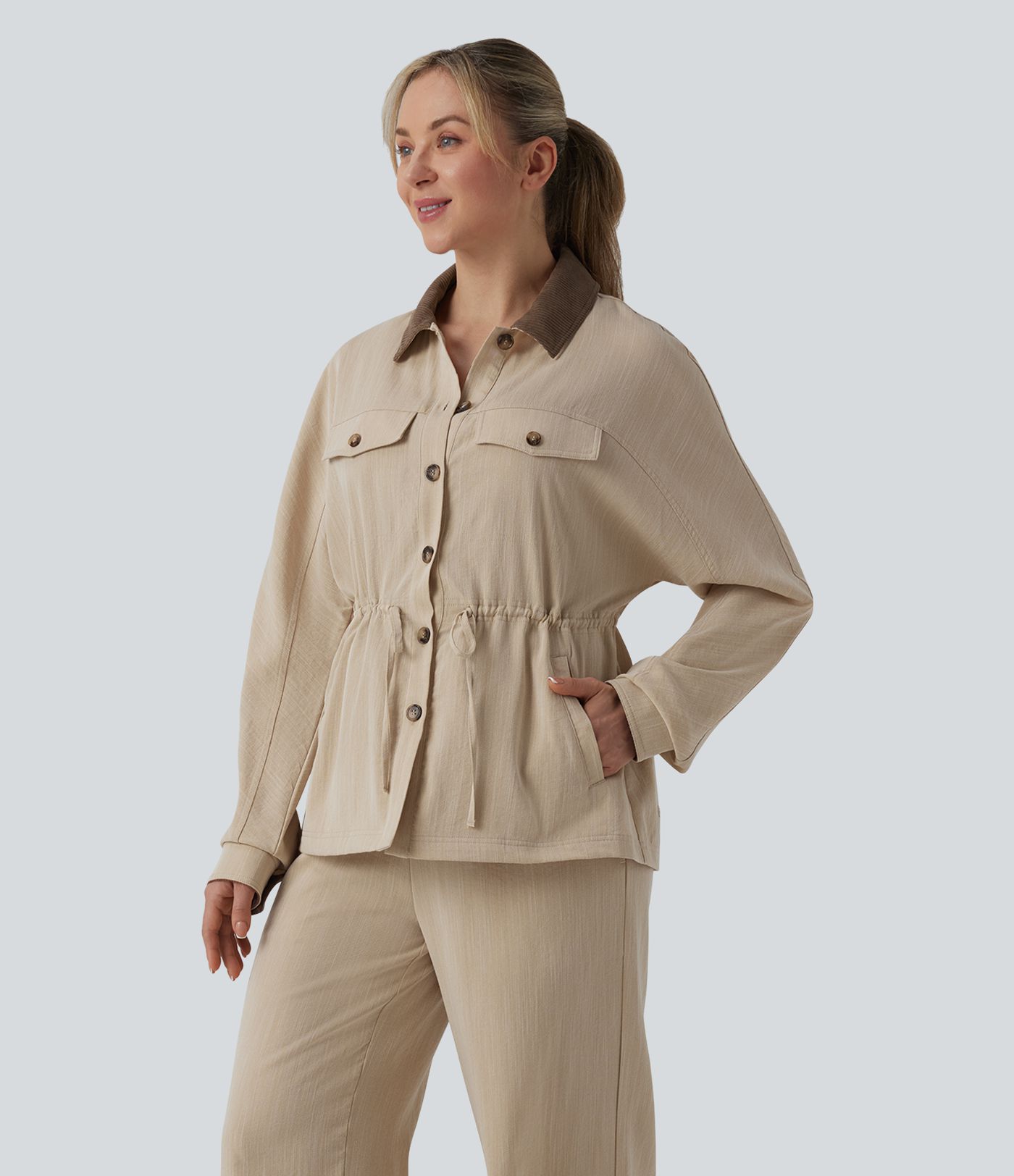 Long Sleeve Drawstring Casual Linen-Feel Jacket with Pockets