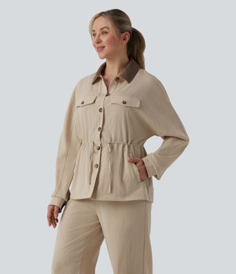 Long Sleeve Drawstring Casual Linen-Feel Jacket with Pockets