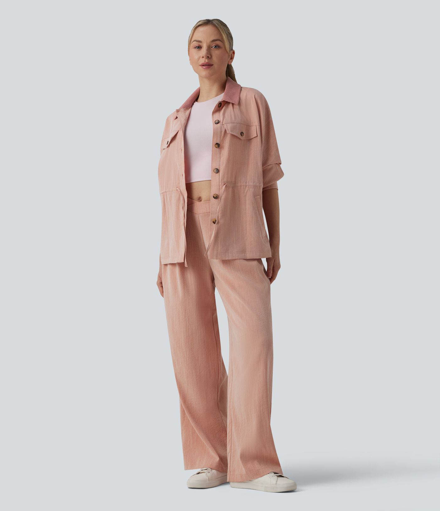 Veste casual manches longues aspect lin à cordon de serrage avec poches