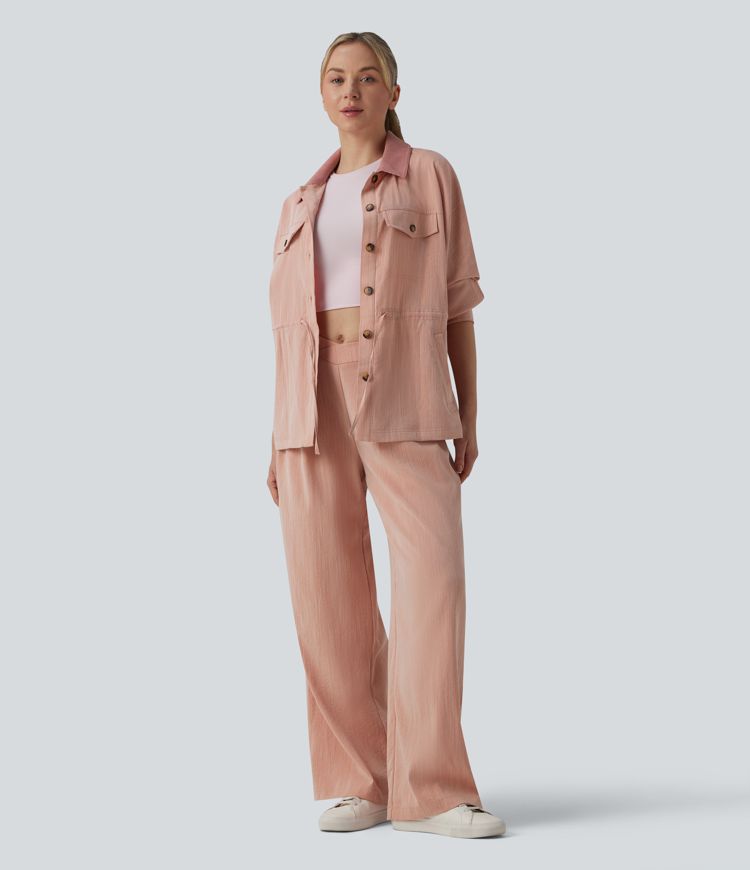 Veste casual manches longues aspect lin à cordon de serrage avec poches