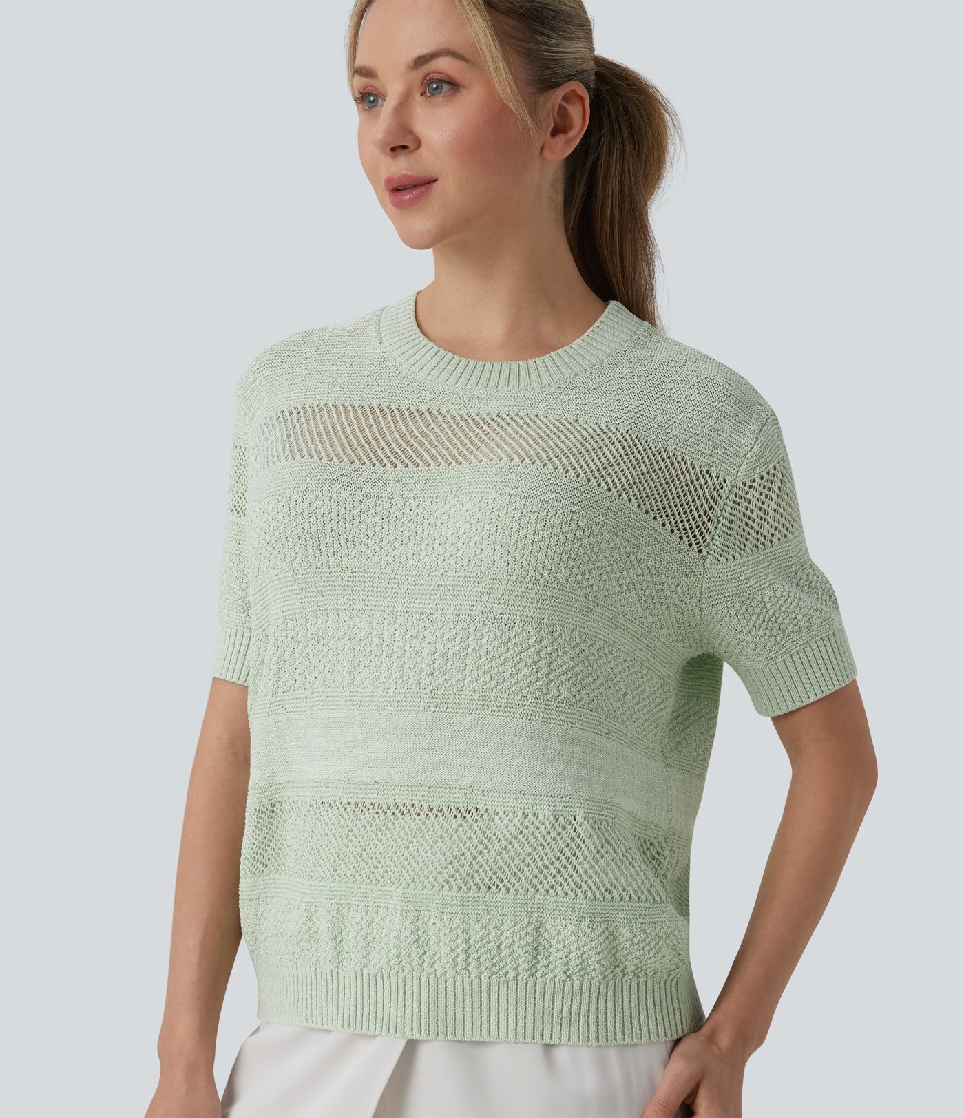 Round Neck Short Sleeve Crochet Work Jumper
