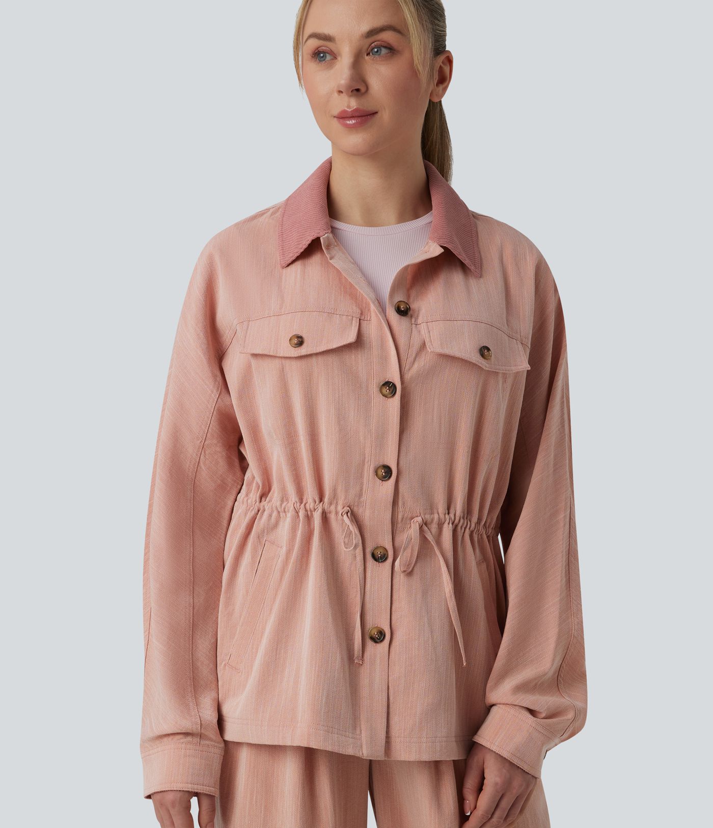 Veste casual manches longues aspect lin à cordon de serrage avec poches