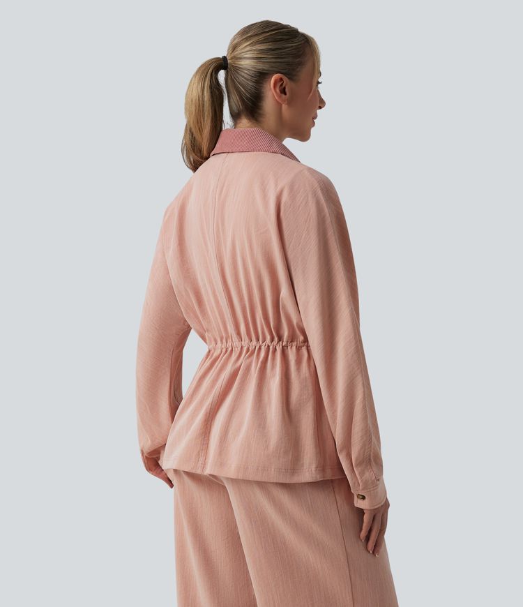 Veste casual manches longues aspect lin à cordon de serrage avec poches