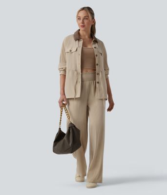 Long Sleeve Drawstring Casual Linen-Feel Jacket with Pockets