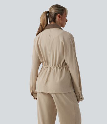 Long Sleeve Drawstring Casual Linen-Feel Jacket with Pockets