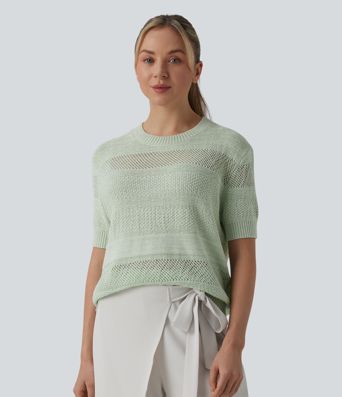Round Neck Short Sleeve Crochet Work Jumper