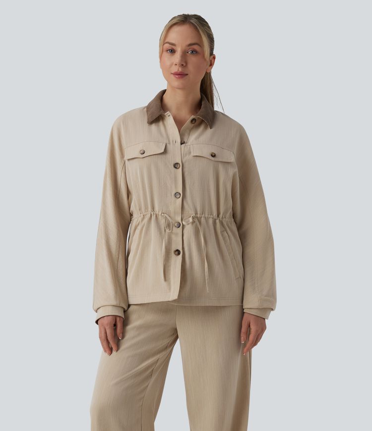 Long Sleeve Drawstring Casual Linen-Feel Jacket with Pockets