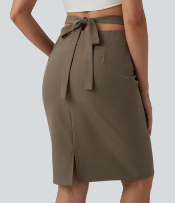High Waisted Tie Back Knee Length Casual Linen-Blend Pencil Skirt
