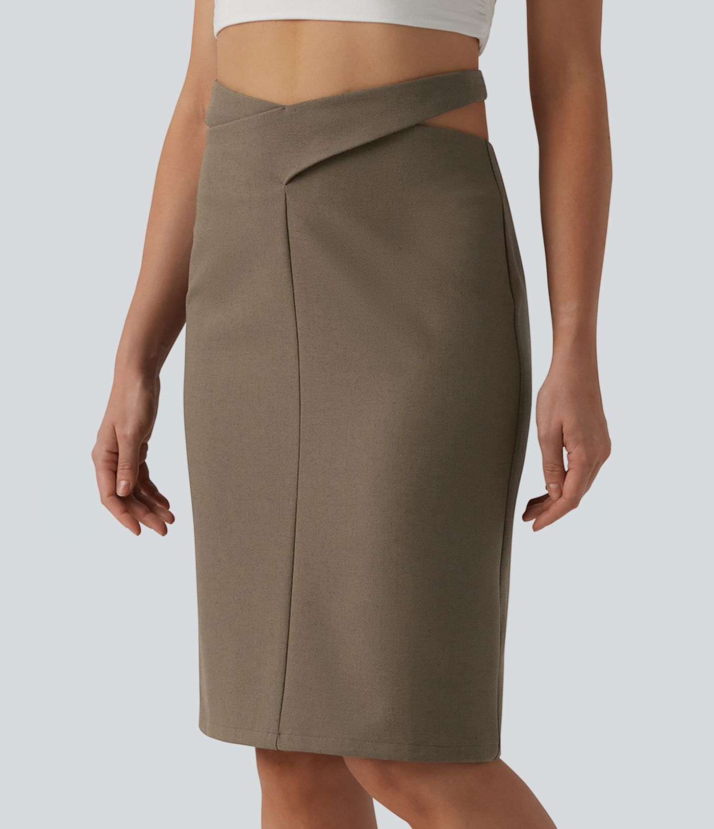 High Waisted Tie Back Knee Length Casual Linen-Blend Pencil Skirt