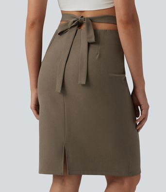 High Waisted Tie Back Knee Length Casual Linen-Blend Pencil Skirt