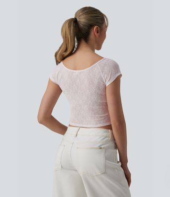 Sweetheart Neck Short Sleeve Lace Cropped Casual T-Shirt Sweetheart Neck Short Sleeve Lace Cropped Casual T-Shirt