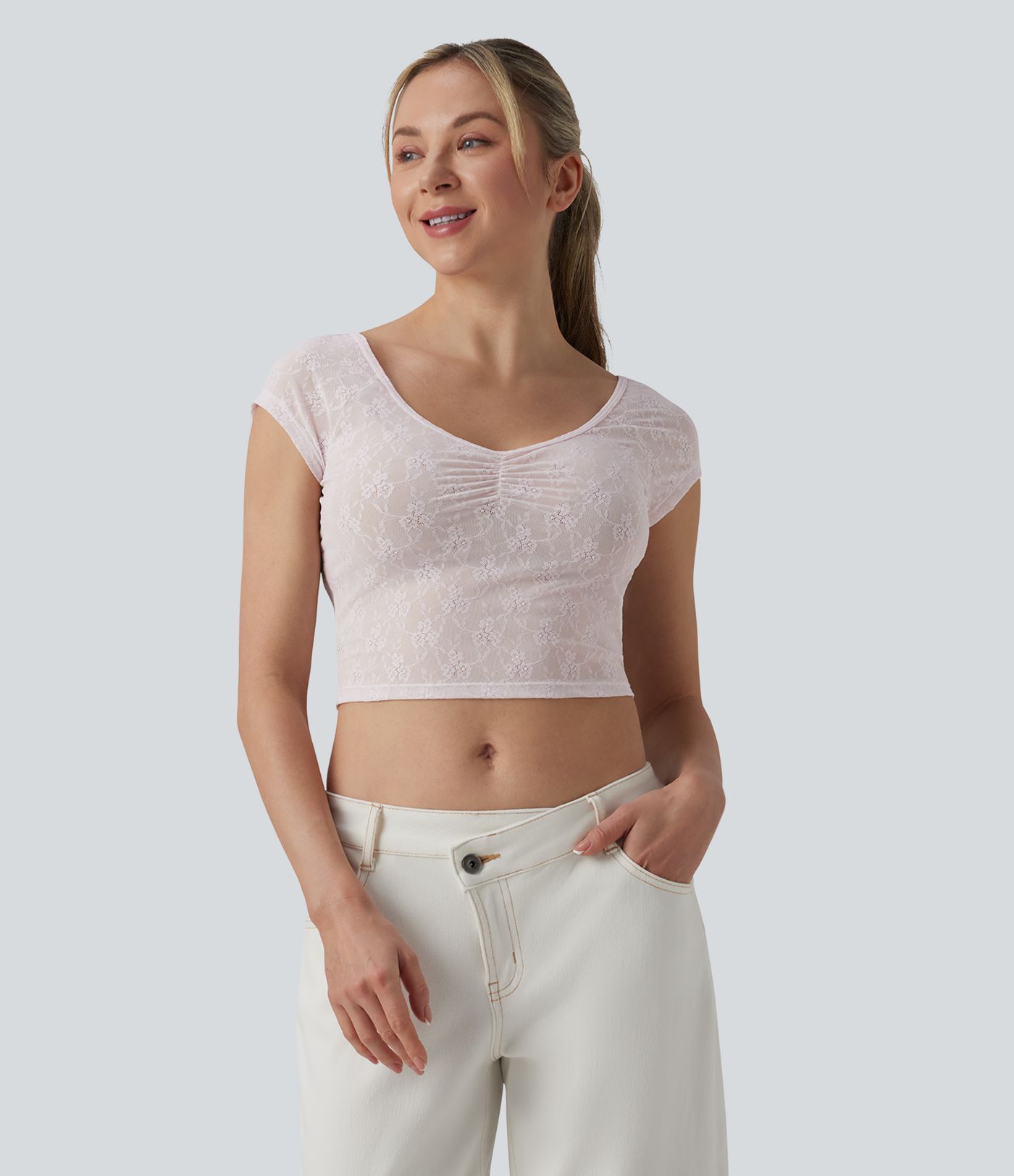 Sweetheart Neck Short Sleeve Lace Cropped Casual T-Shirt Sweetheart Neck Short Sleeve Lace Cropped Casual T-Shirt