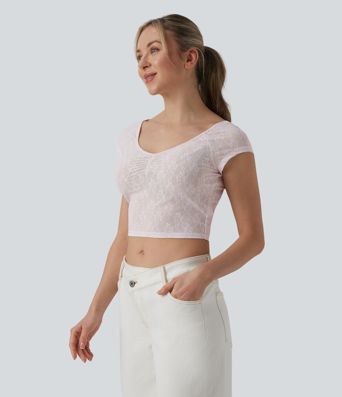 Sweetheart Neck Short Sleeve Lace Cropped Casual T-Shirt Sweetheart Neck Short Sleeve Lace Cropped Casual T-Shirt