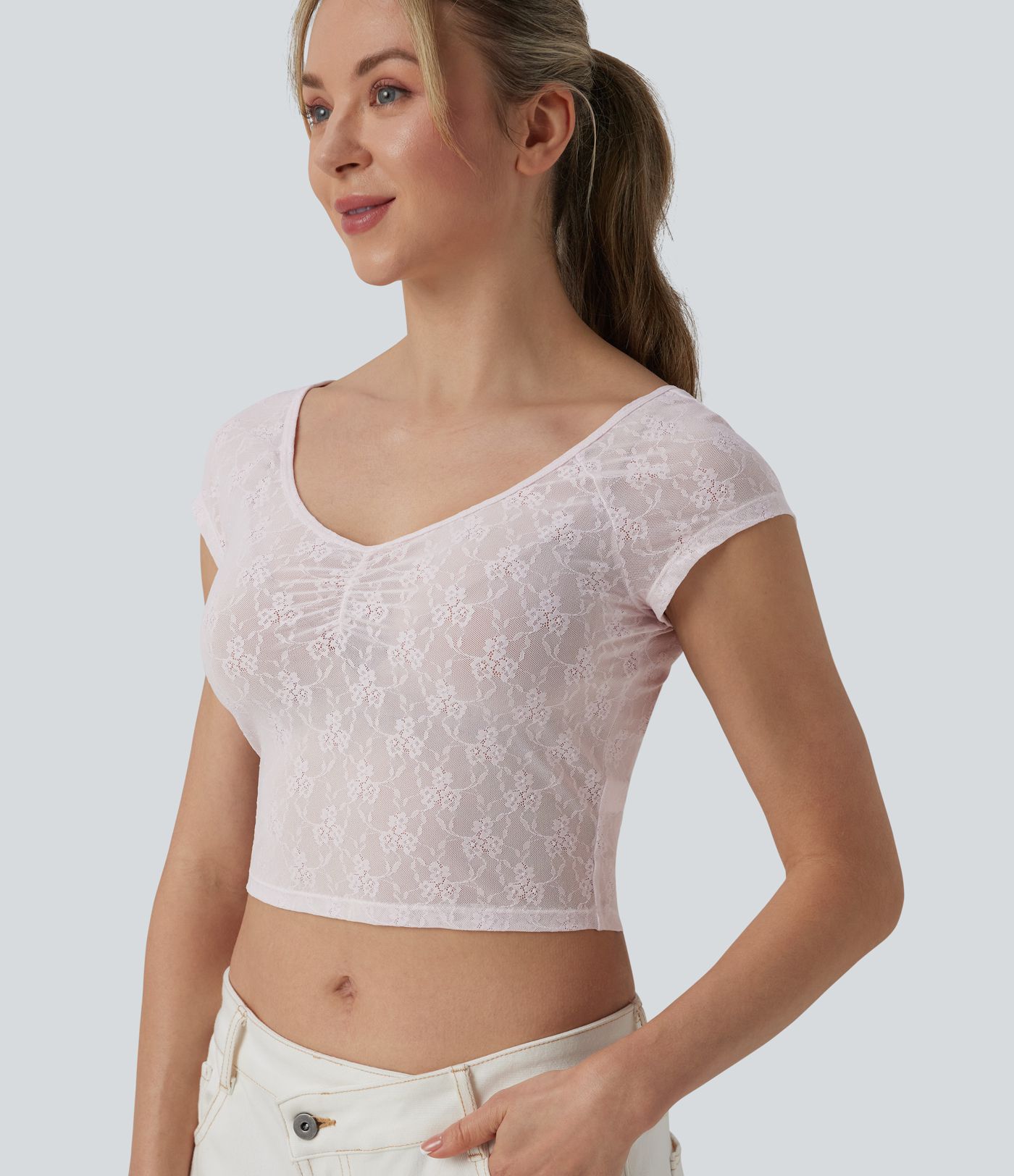 Sweetheart Neck Short Sleeve Lace Cropped Casual T-Shirt Sweetheart Neck Short Sleeve Lace Cropped Casual T-Shirt