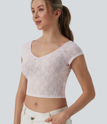 Sweetheart Neck Short Sleeve Lace Cropped Casual T-Shirt Sweetheart Neck Short Sleeve Lace Cropped Casual T-Shirt