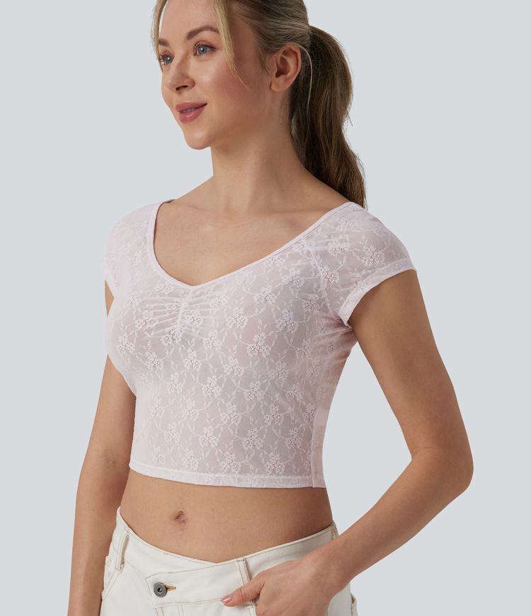 Sweetheart Neck Short Sleeve Lace Cropped Casual T-Shirt Sweetheart Neck Short Sleeve Lace Cropped Casual T-Shirt