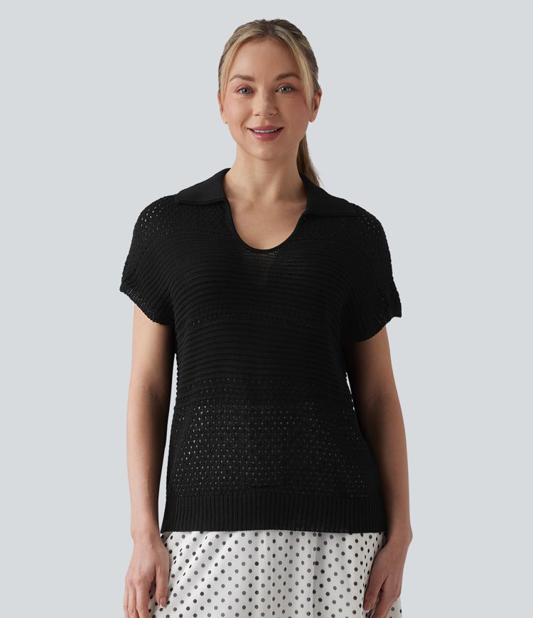 V-neck Batwing Short Sleeve Resort Crochet Jumper