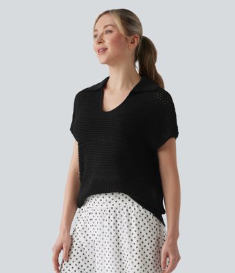 V-neck Batwing Short Sleeve Resort Crochet Jumper