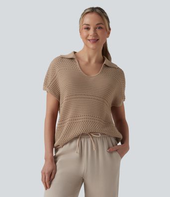 V-neck Batwing Short Sleeve Resort Crochet Jumper