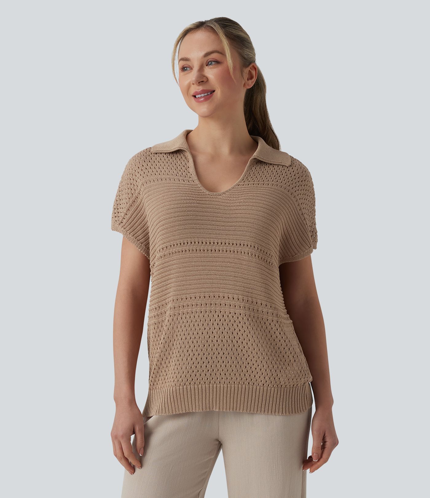 V-neck Batwing Short Sleeve Resort Crochet Jumper