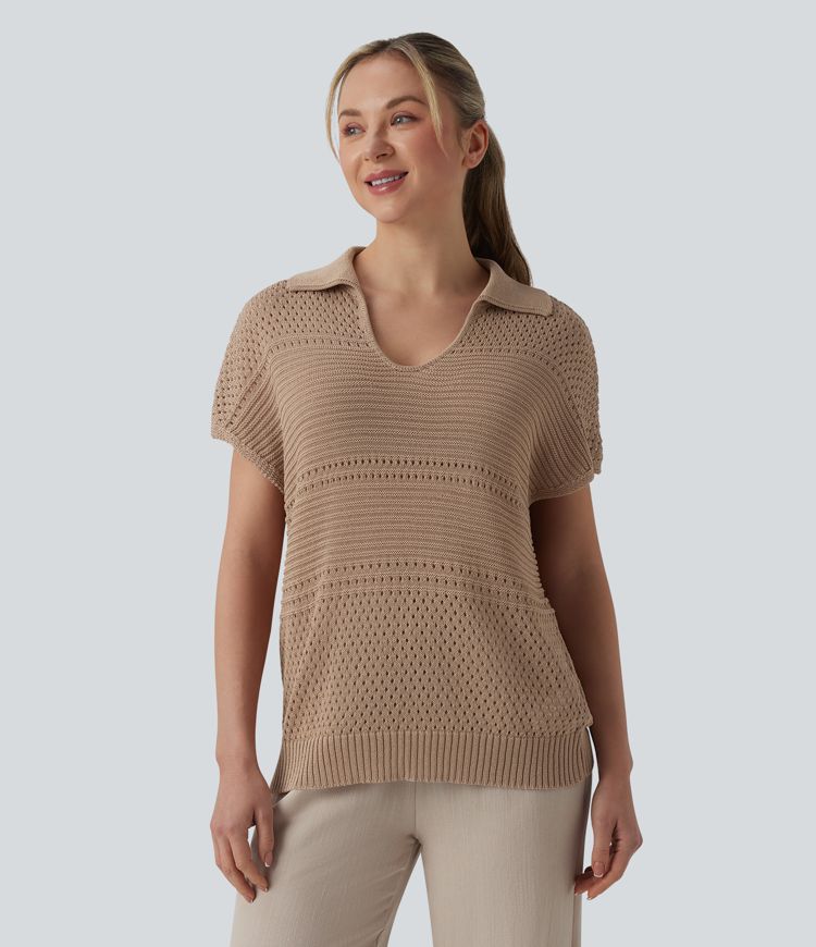 V-neck Batwing Short Sleeve Resort Crochet Jumper