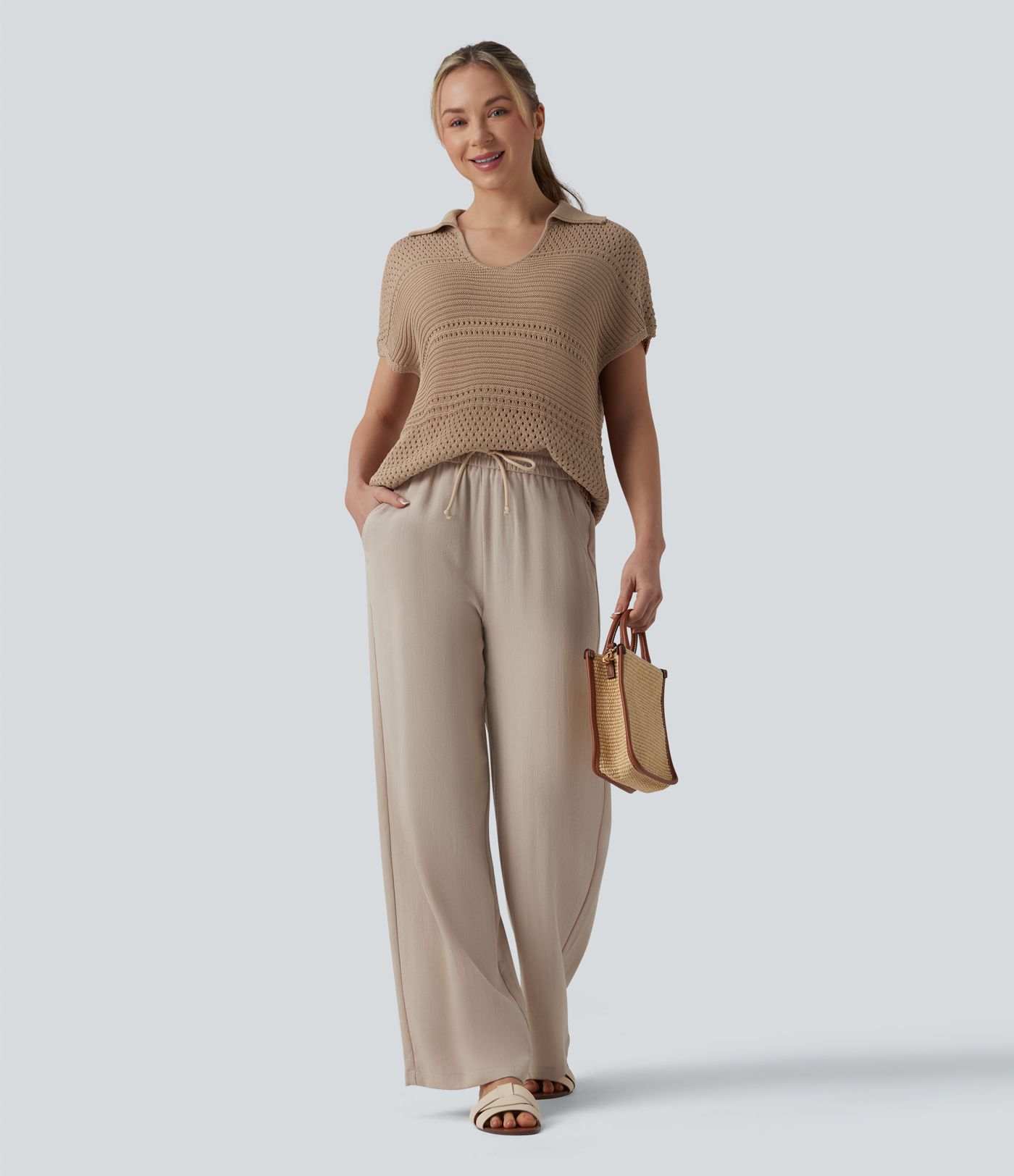 V-neck Batwing Short Sleeve Resort Crochet Jumper