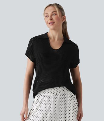 V-neck Batwing Short Sleeve Resort Crochet Jumper